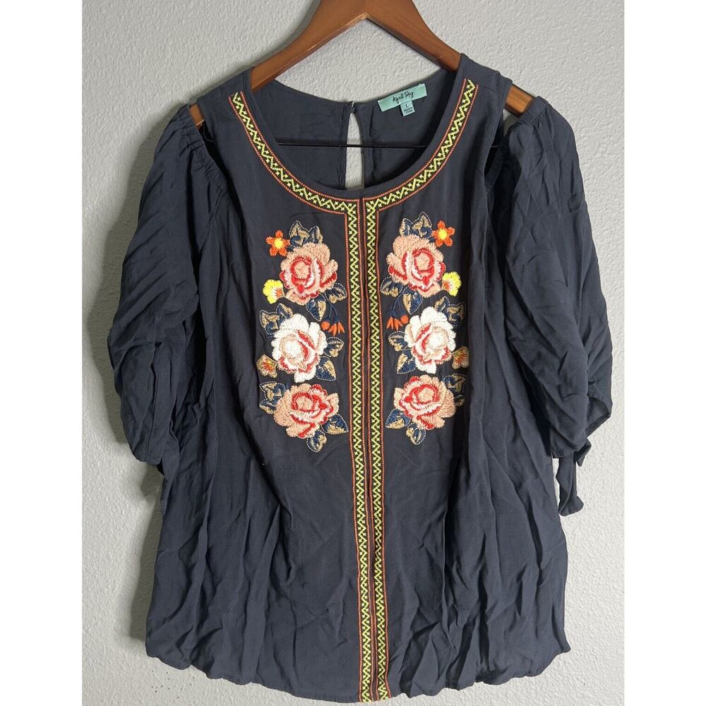 APRIL SKY Women's Large Boho Embroidered Floral Tunic Top Cold Shoulder‎ Peasant